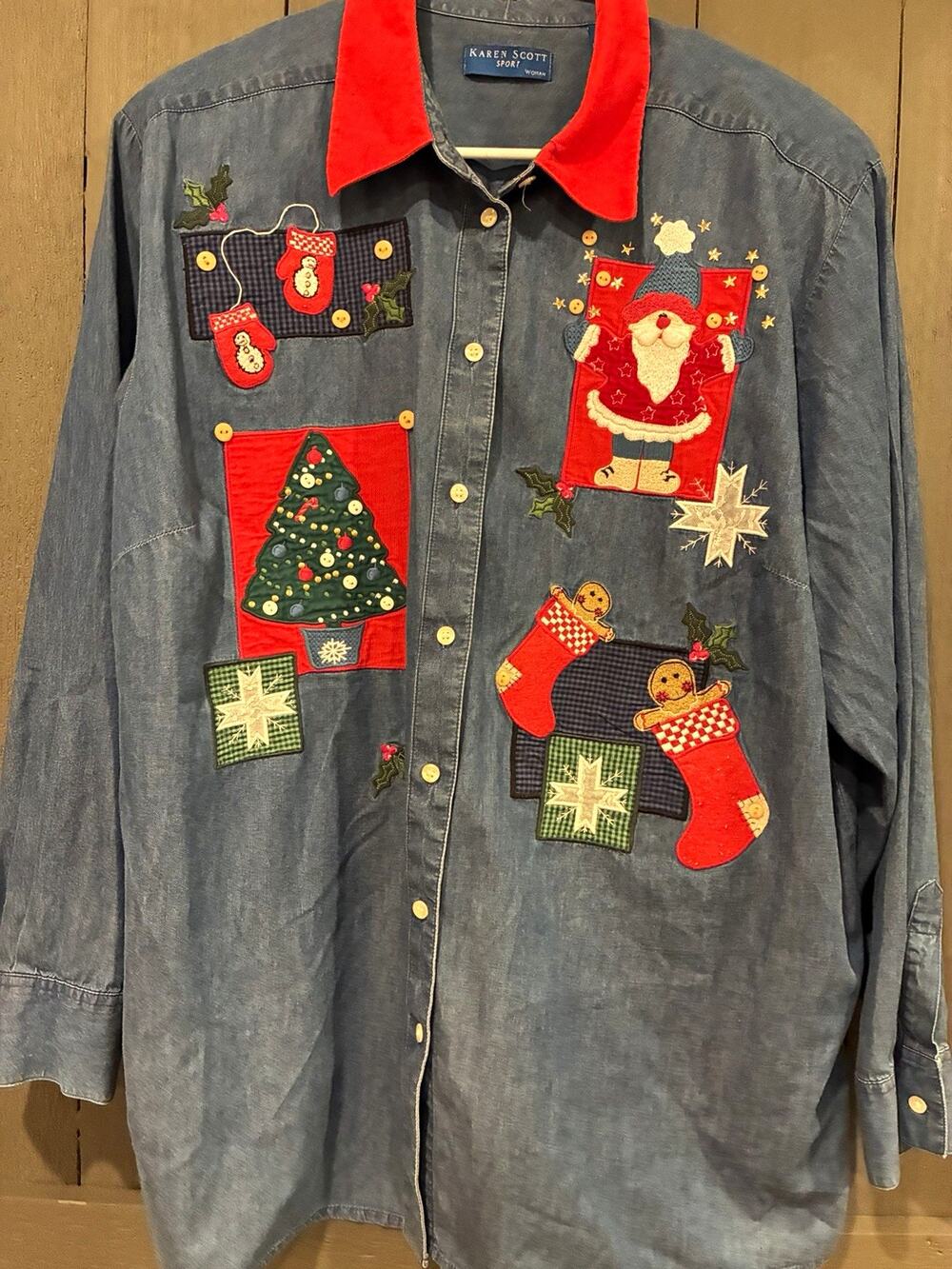 Karen Scott Sport Women’s 2X Blue Denim Santa Christmas Embroidered Shirt